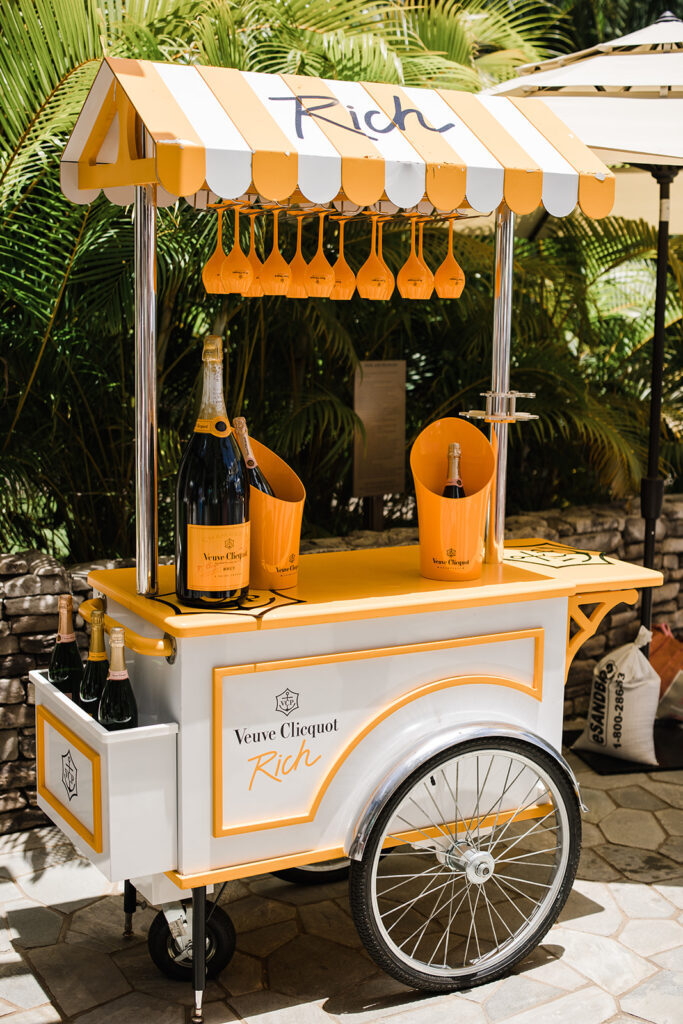 Matias Ezcurra Photography, Veuve Clicquot Rich champagne cart at a Maui wedding event.