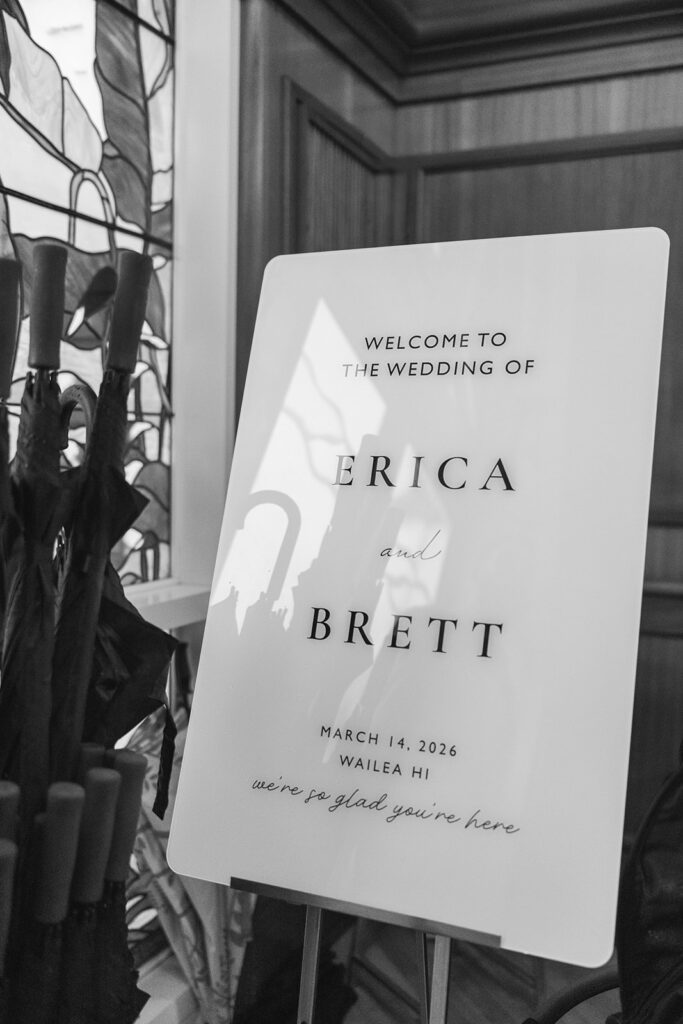 Matias Ezcurra Photography, Welcome sign for Erica and Brett's Grand Wailea Maui wedding, March 14, 2026.