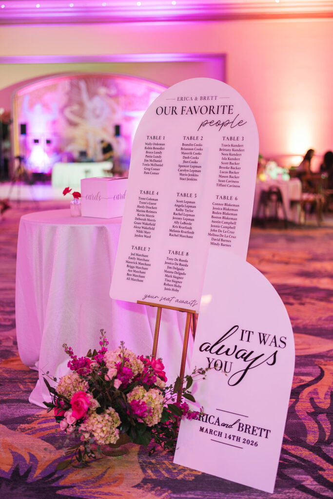 Matias Ezcurra Photography, Grand Wailea Maui Wedding seating chart displaying guest names and table assignments.