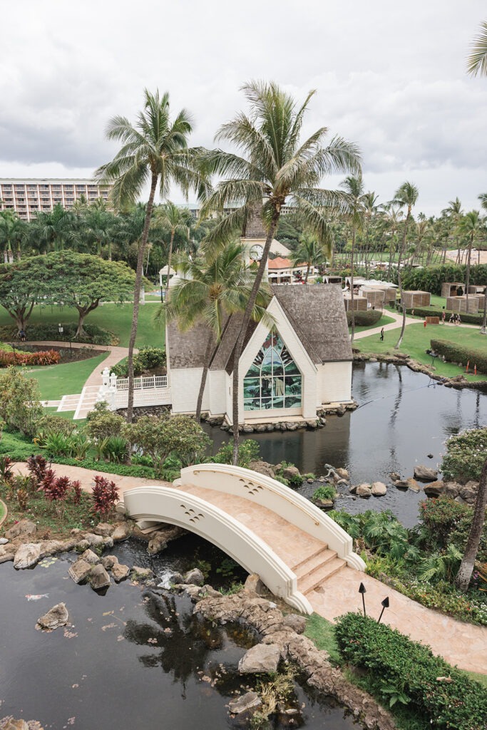Matias Ezcurra Photography, White chapel with stained glass windows on a pond, Maui wedding venue