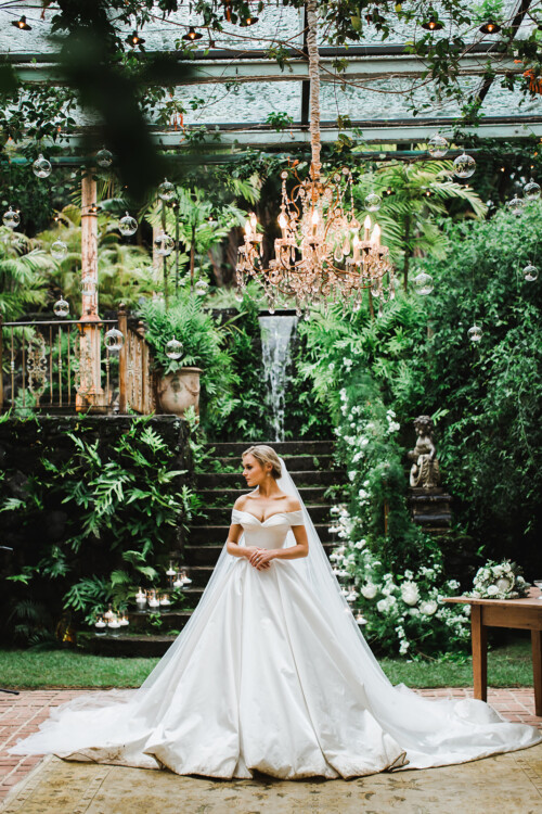 Matias Ezcurra Photography, Bride in off-the-shoulder gown at Haiku Mill wedding ceremony.