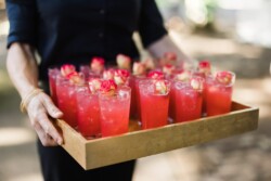 Matias Ezcurra Photography, Tray of pink cocktails garnished with roses at a Haiku Mill wedding.