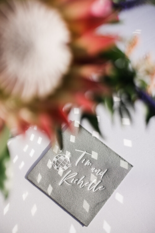 Matias Ezcurra Photography, Gray wedding napkin with "Tim and Richelle" and disco ball design.