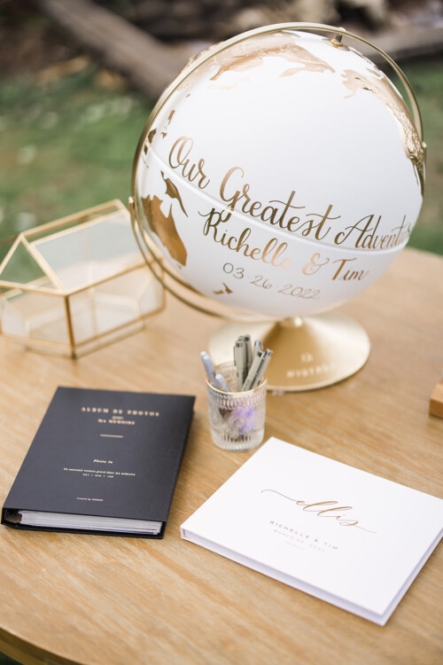 Matias Ezcurra Photography, Guest book, globe, and pens at Richelle & Tim's wedding