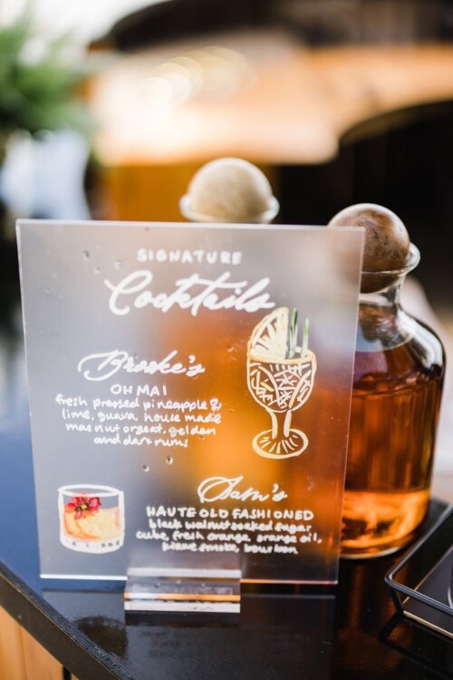 Matias Ezcurra Photography, Acrylic wedding cocktail menu: Brooke's Oh Mai Tai & Sam's Haute Old Fashioned