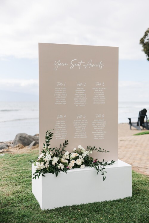 Matias Ezcurra Photography, Wedding seating chart at Olowalu Plantation House, listing guest names at tables.