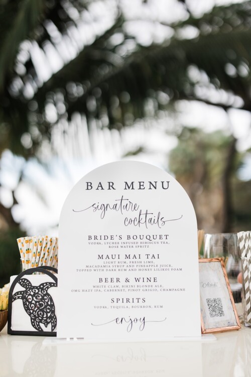 Matias Ezcurra Photography, Wedding bar menu: Bride's Bouquet & Maui Mai Tai cocktails, beer, wine, spirits. Olowalu Plantation House.