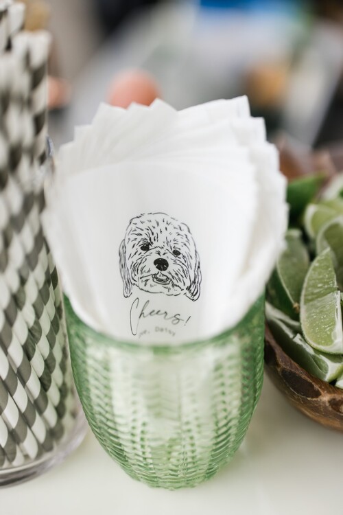 Matias Ezcurra Photography, Personalized cocktail napkins with a dog illustration and "Cheers!" message in a green glass holder.