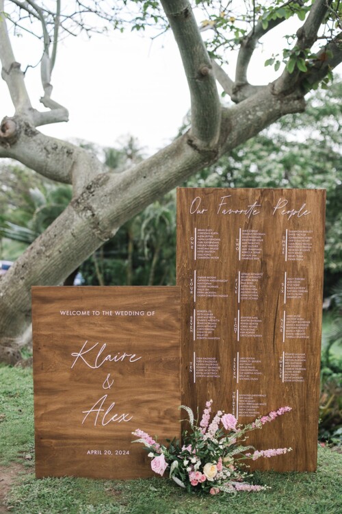 Matias Ezcurra Photography, Klaire & Alex's wedding seating chart at Kualoa Ranch. "Our Favorite People" sign lists guests.