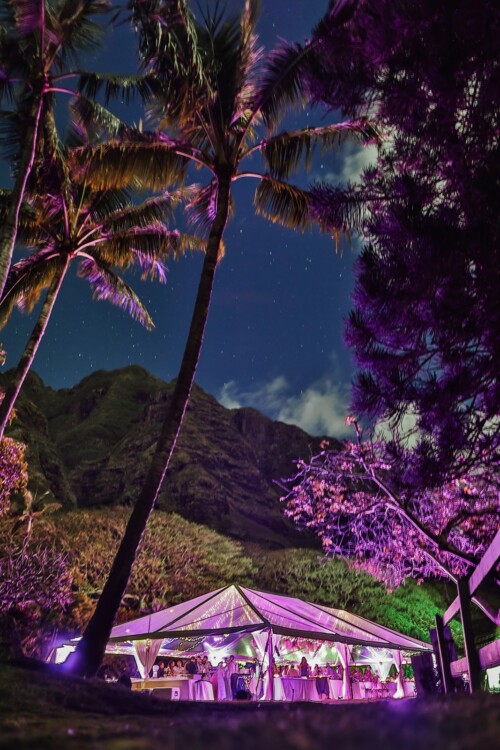 Matias Ezcurra Photography, Nighttime Kualoa Ranch wedding reception under a clear tent, illuminated with purple lights. Palm trees and mountains in the background.