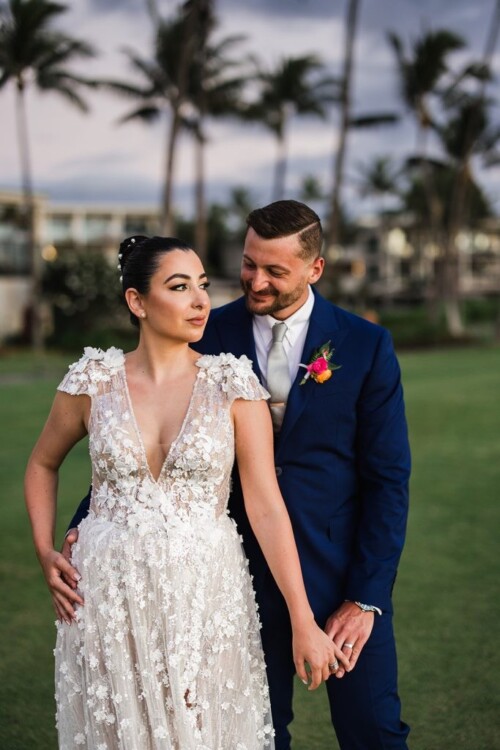 Matias Ezcurra Photography, Happy couple, Serra & Kevin, embracing at their Andaz Maui wedding.